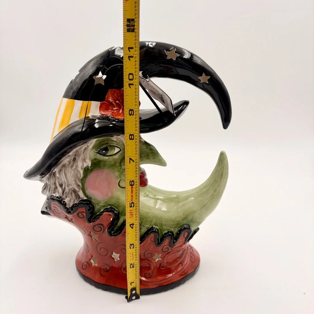 Blue Sky Halloween Crescent Moon Witch Ceramic Tea Light Holder New